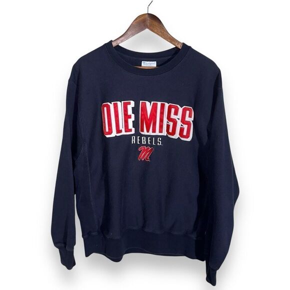 90s Champion Reverse Weave Ole Miss Embroidered Patch Crewneck Sweatshirt Sz L - Picture 1 of 6